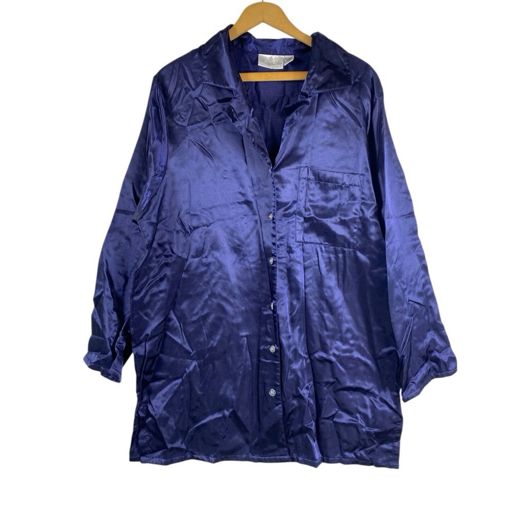 The Lingerie Collection Sleep Shirt Nightgown Silky Blue Button Up Size Large